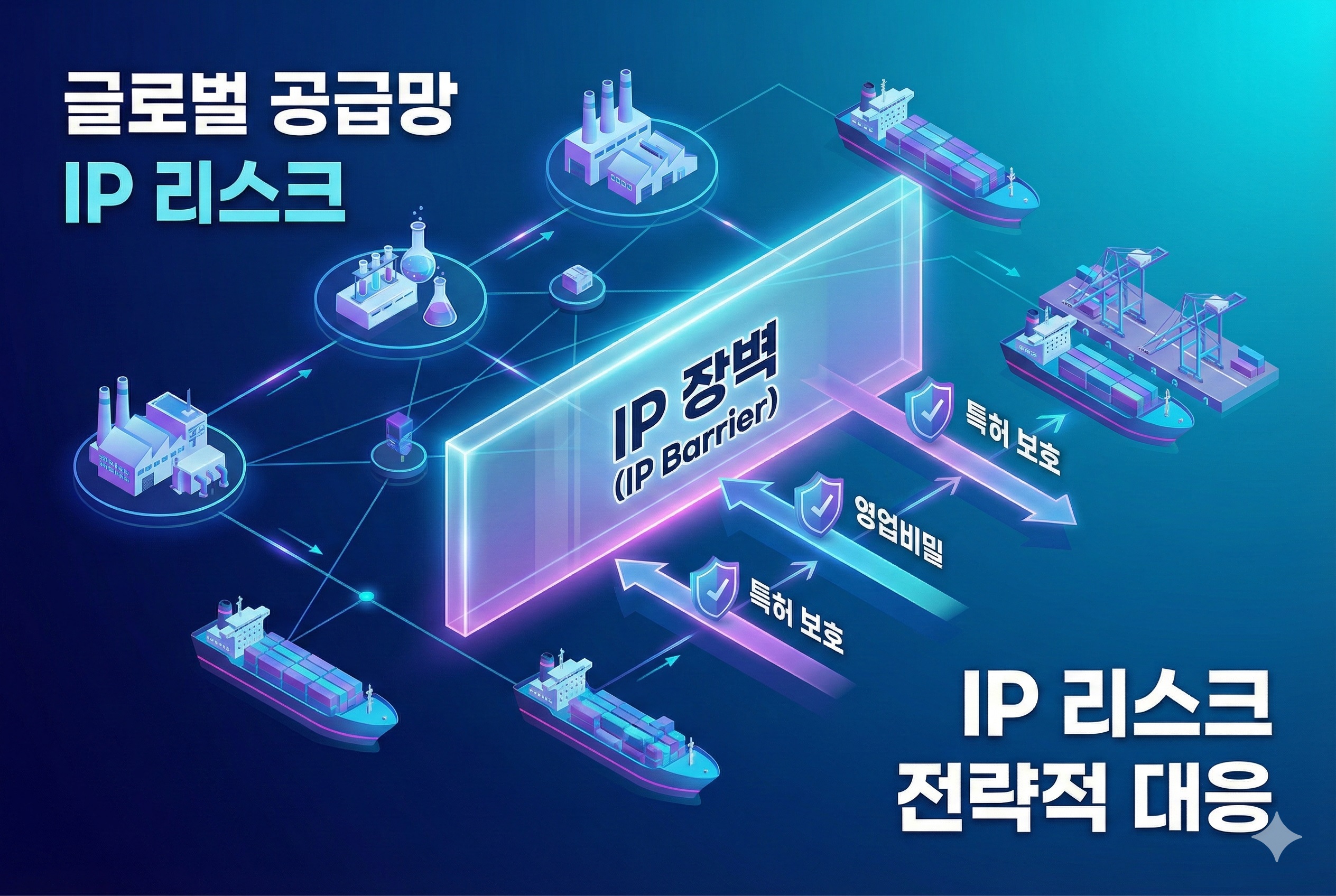 글로벌 화장품 및 정밀 부품 공급망 내 지식재산권 장벽과 대응 전략 도식화