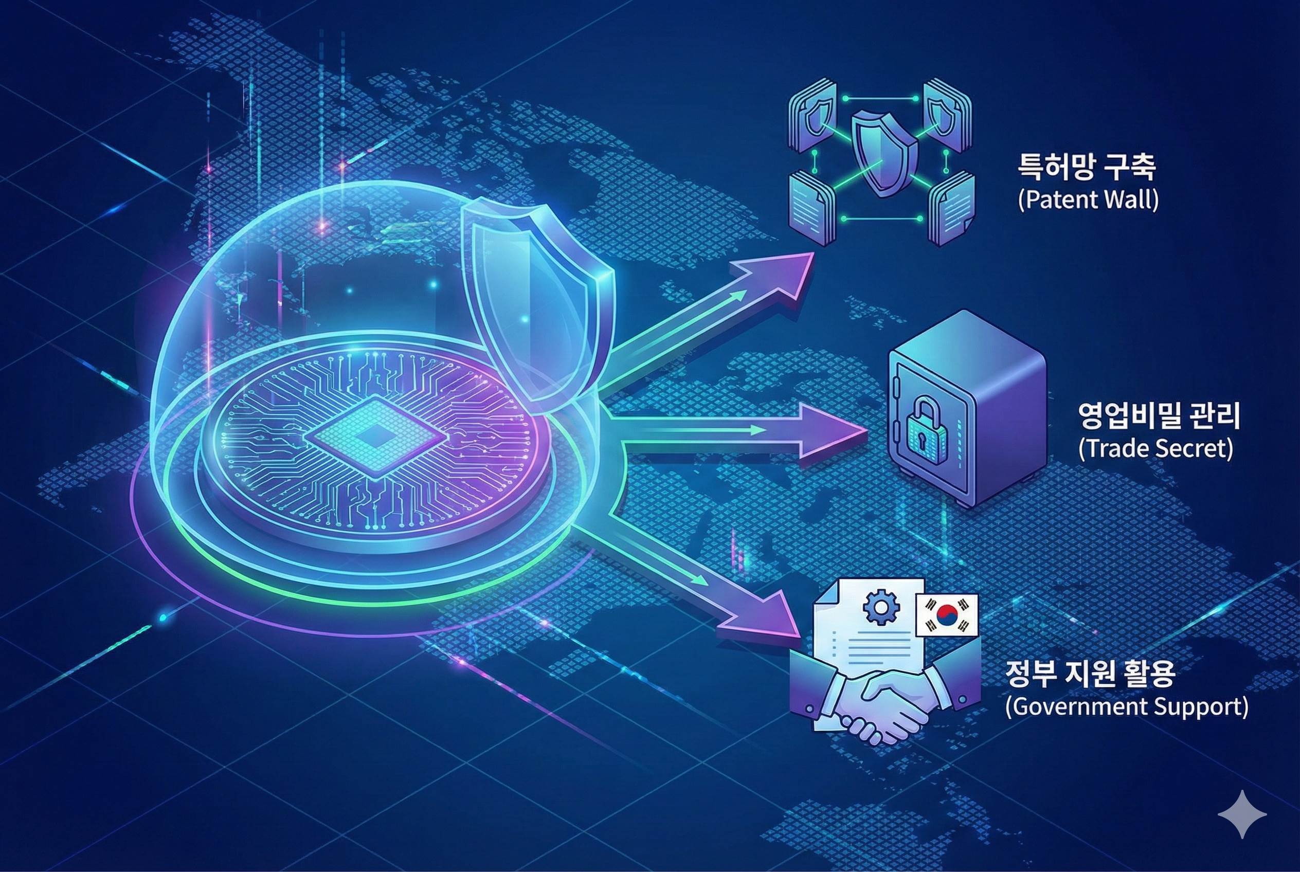 반도체 기술 특성별 특허 출원과 영업비밀 관리 전략 비교 도식