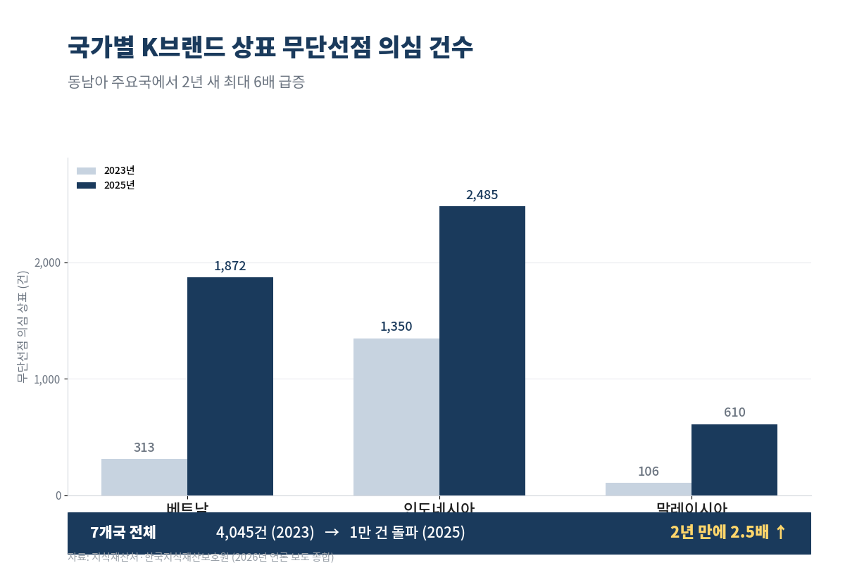 국가별 K브랜드 상표 무단선점 의심 건수 증가 추세 그래프